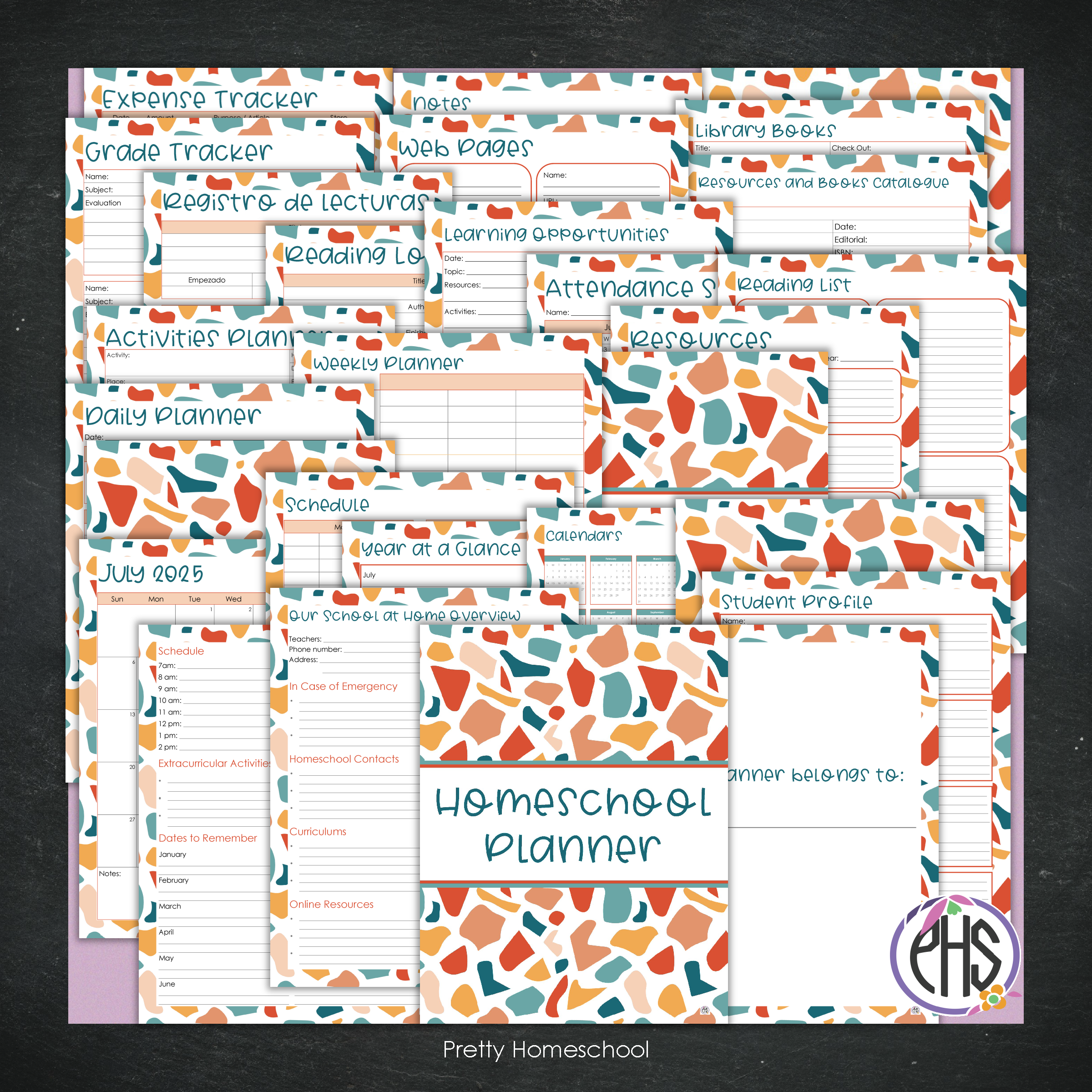 Printed Homeschool Planner | Daily & Weekly Organizer for 4 Students | Terrazo Design + Digital PDF