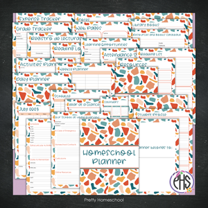 Printed Homeschool Planner | Daily & Weekly Organizer for 4 Students | Terrazo Design + Digital PDF