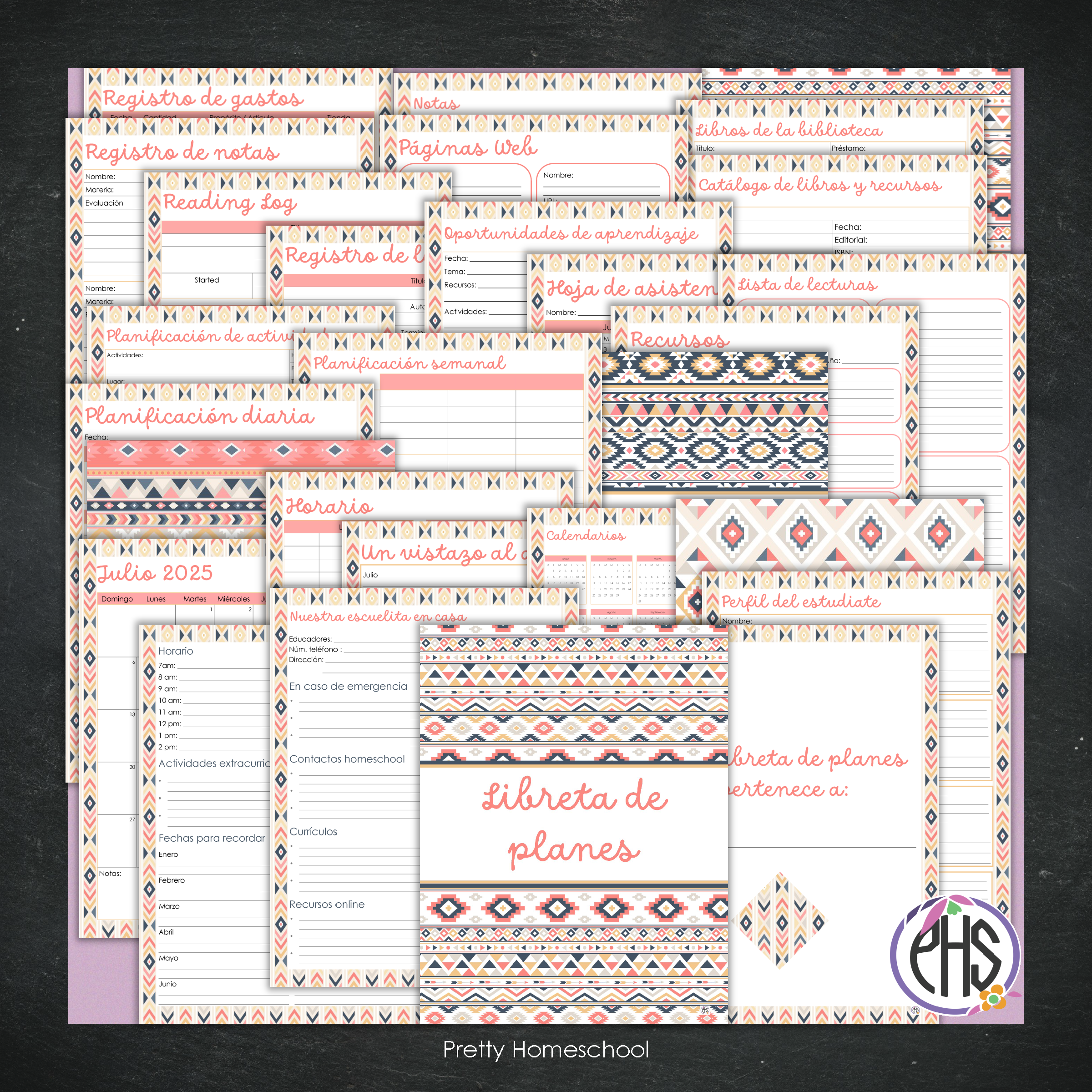Libreta de Planes Homeschool en PDF | Planificación Diaria o Semanal para Varios Estudiantes | Diseño Aztec