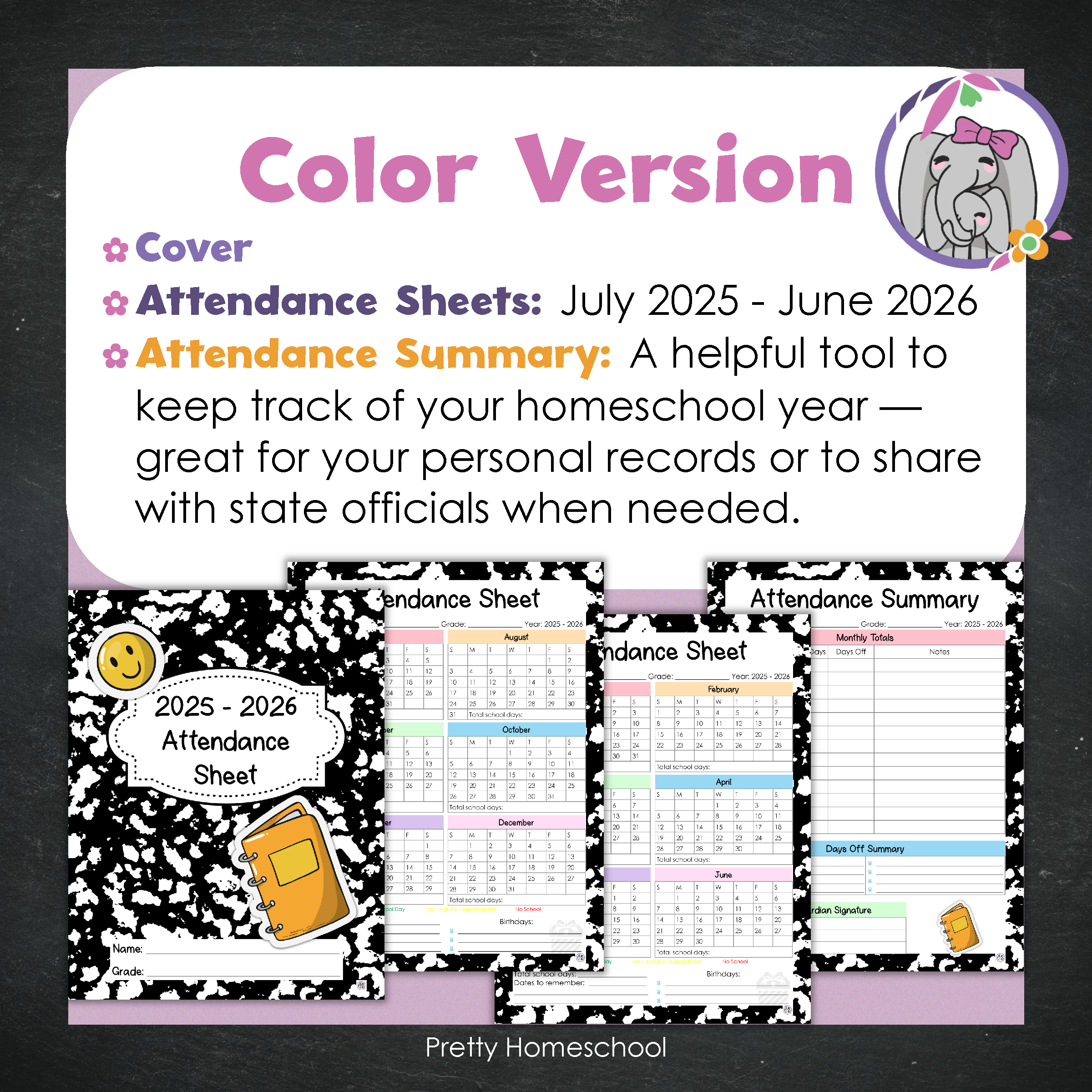 Homeschool Attendance Sheet 2025–2026 - Printable Tracker + Yearly Summary (Color & Black & White) - Black Composition