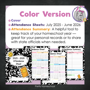Homeschool Attendance Sheet 2025–2026 - Printable Tracker + Yearly Summary (Color & Black & White) - Black Composition