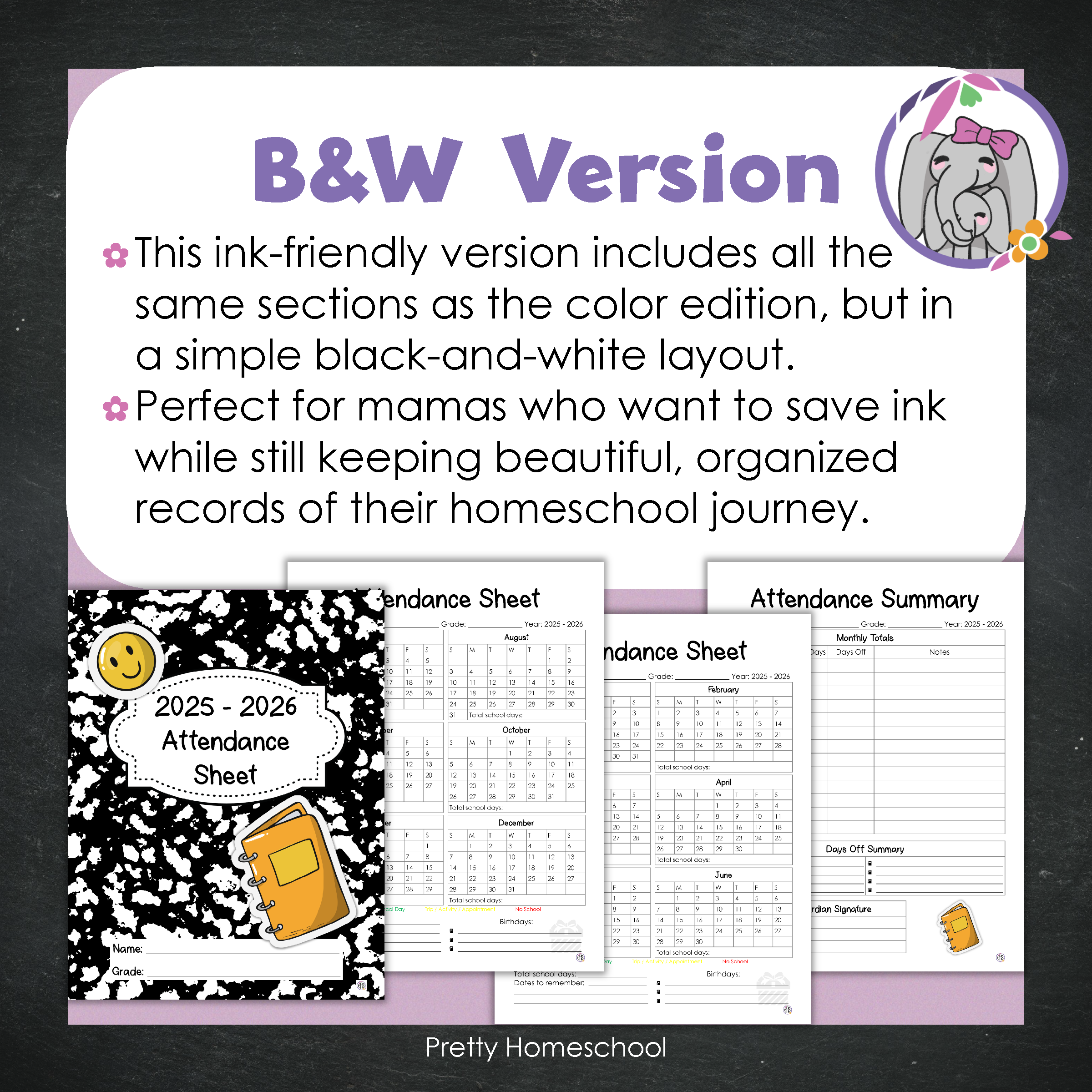 Homeschool Attendance Sheet 2025–2026 - Printable Tracker + Yearly Summary (Color & Black & White) - Black Composition