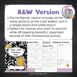 Homeschool Attendance Sheet 2025–2026 - Printable Tracker + Yearly Summary (Color & Black & White) - Black Composition