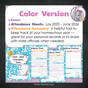 Homeschool Attendance Sheet 2025–2026 - Printable Tracker + Yearly Summary (Color & Black & White) - Blue composition