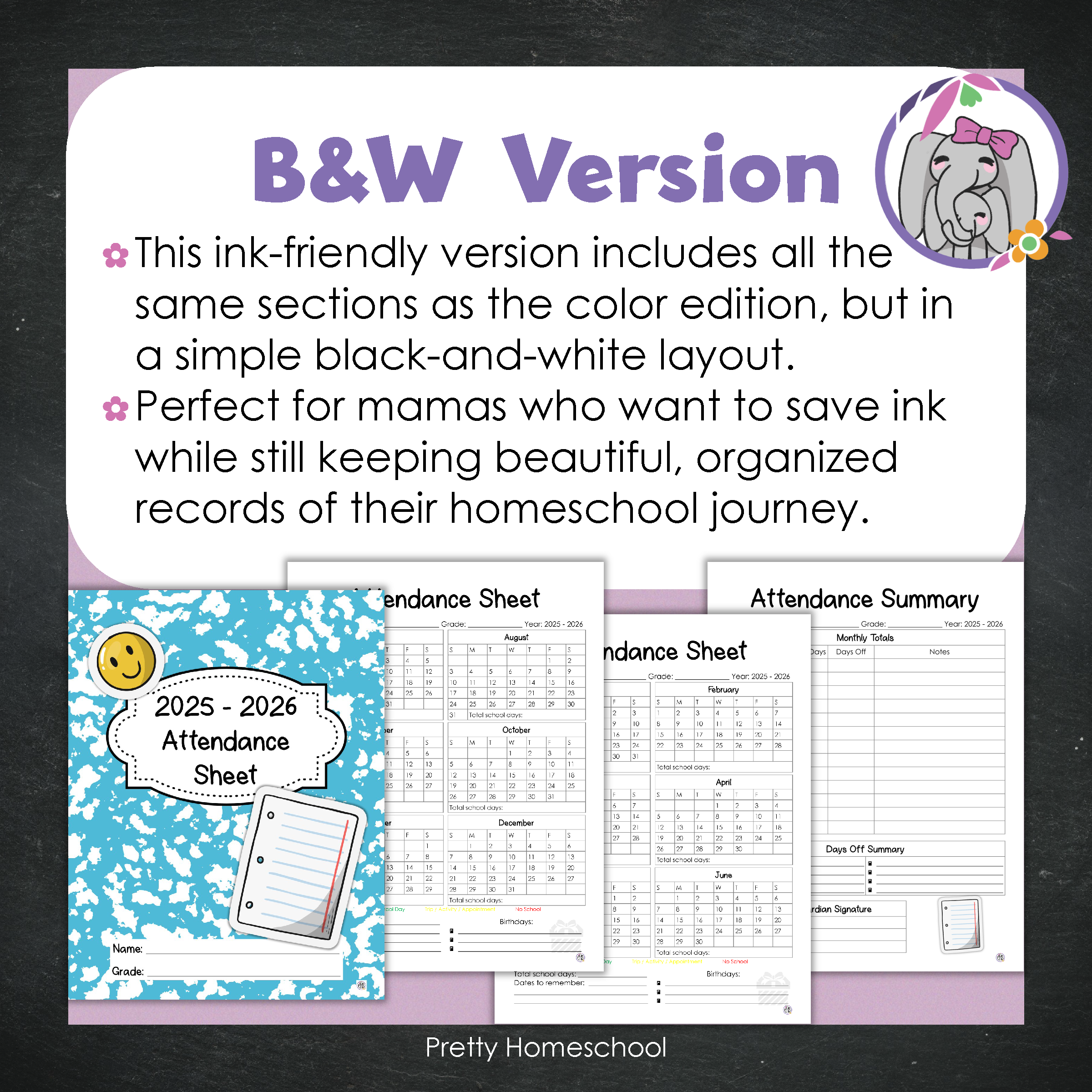 Homeschool Attendance Sheet 2025–2026 - Printable Tracker + Yearly Summary (Color & Black & White) - Blue composition