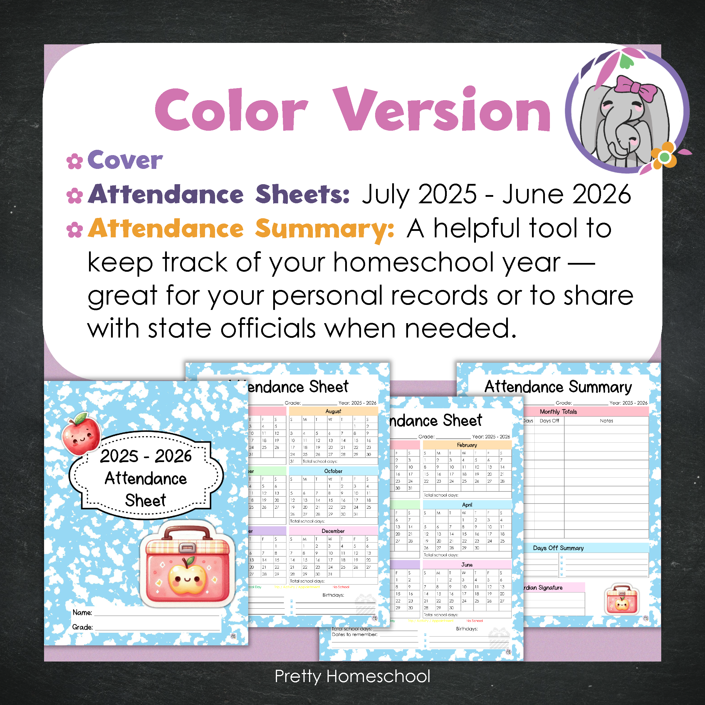 Homeschool Attendance Sheet 2025–2026 - Printable Tracker + Yearly Summary (Color & Black & White) - Blue composition