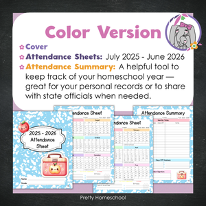 Homeschool Attendance Sheet 2025–2026 - Printable Tracker + Yearly Summary (Color & Black & White) - Blue composition