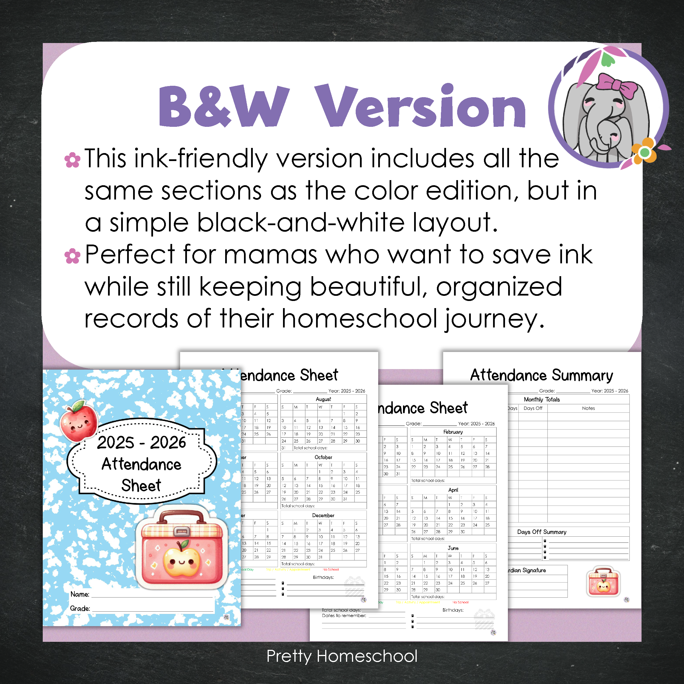 Homeschool Attendance Sheet 2025–2026 - Printable Tracker + Yearly Summary (Color & Black & White) - Blue composition