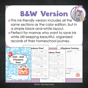 Homeschool Attendance Sheet 2025–2026 - Printable Tracker + Yearly Summary (Color & Black & White) - Blue composition
