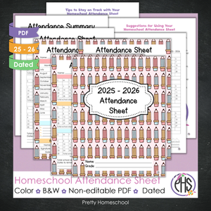Homeschool Attendance Sheet 2025–2026 - Printable Tracker + Yearly Summary (Color & Black & White) - Cute Pencil