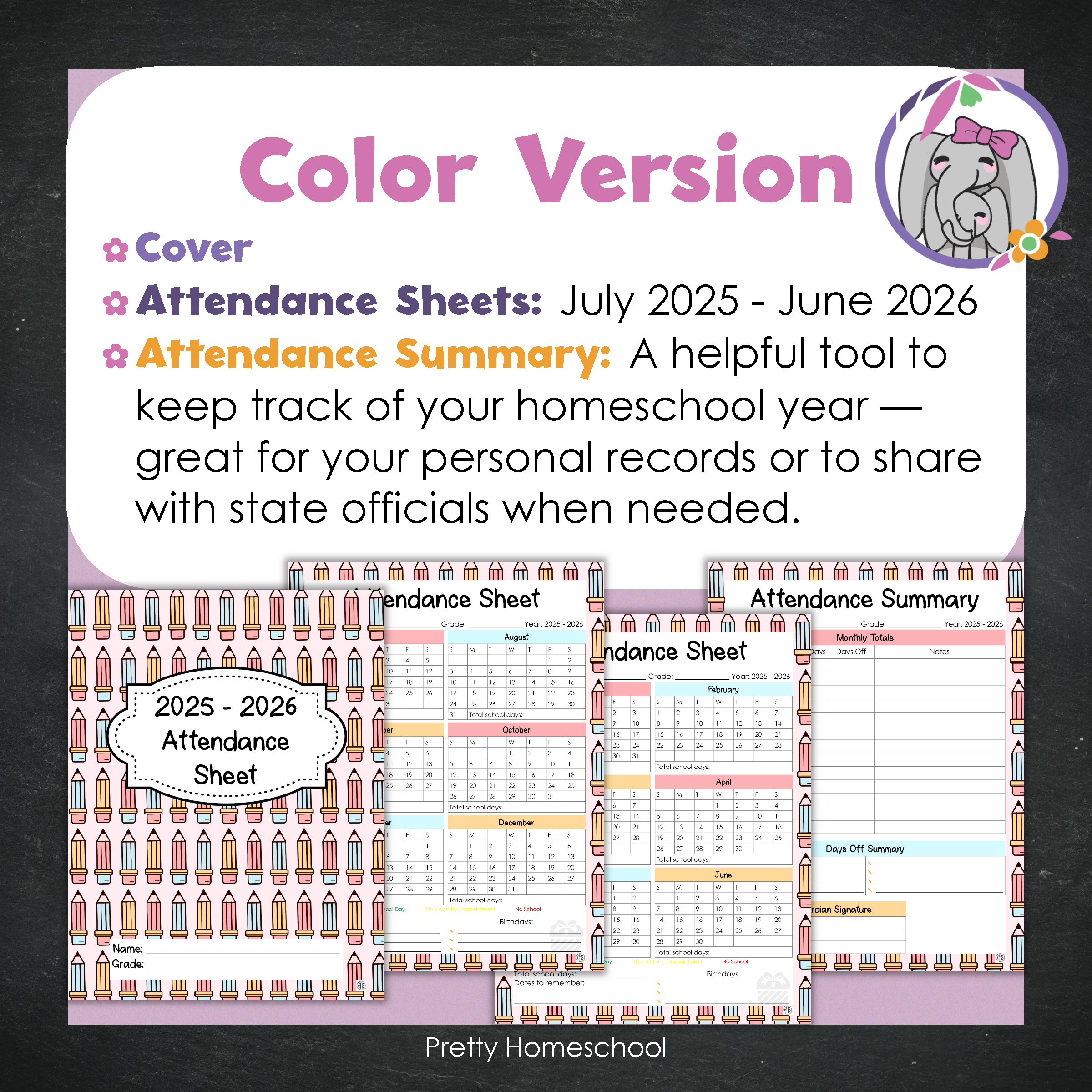 Homeschool Attendance Sheet 2025–2026 - Printable Tracker + Yearly Summary (Color & Black & White) - Cute Pencil