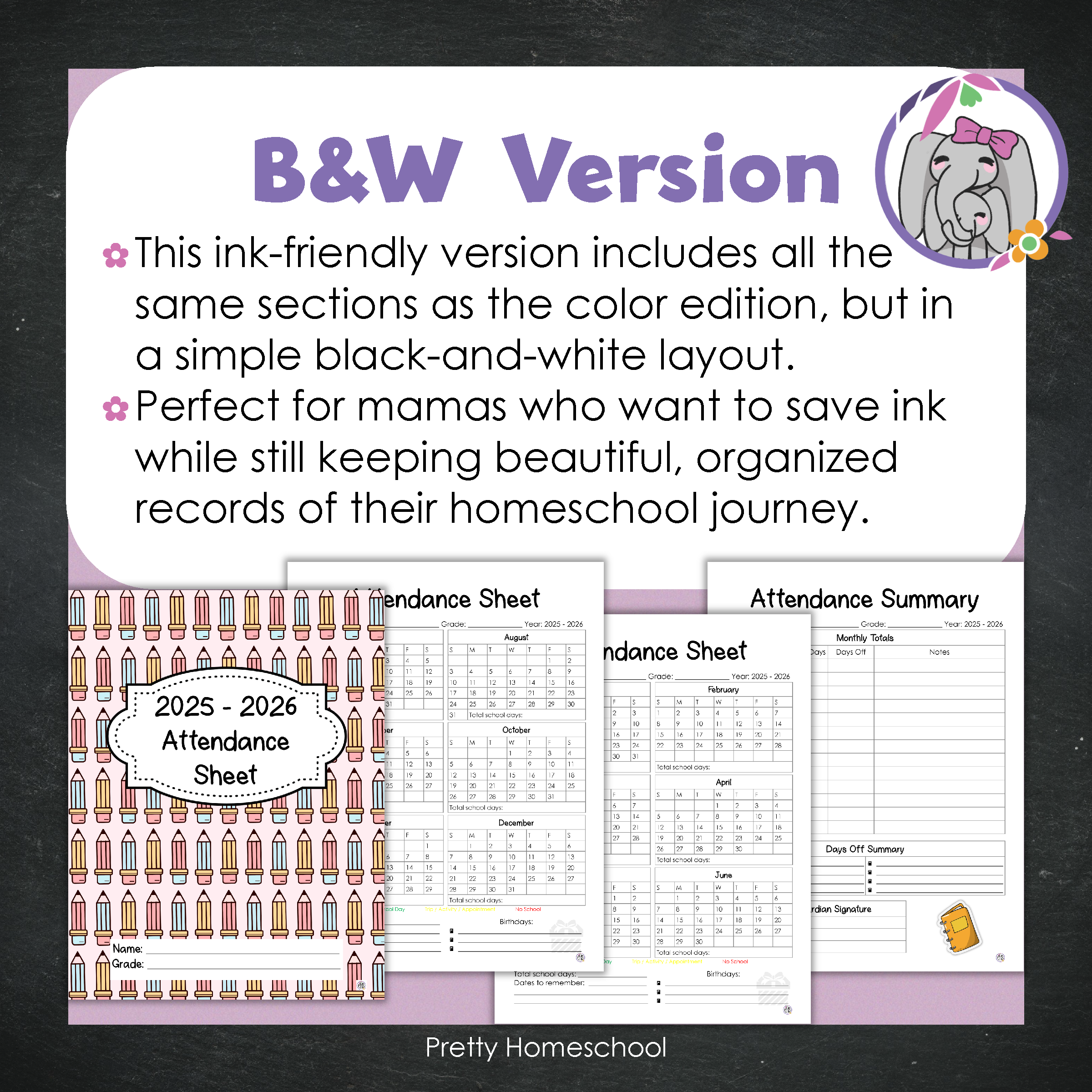 Homeschool Attendance Sheet 2025–2026 - Printable Tracker + Yearly Summary (Color & Black & White) - Cute Pencil