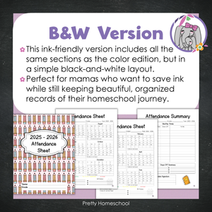 Homeschool Attendance Sheet 2025–2026 - Printable Tracker + Yearly Summary (Color & Black & White) - Cute Pencil