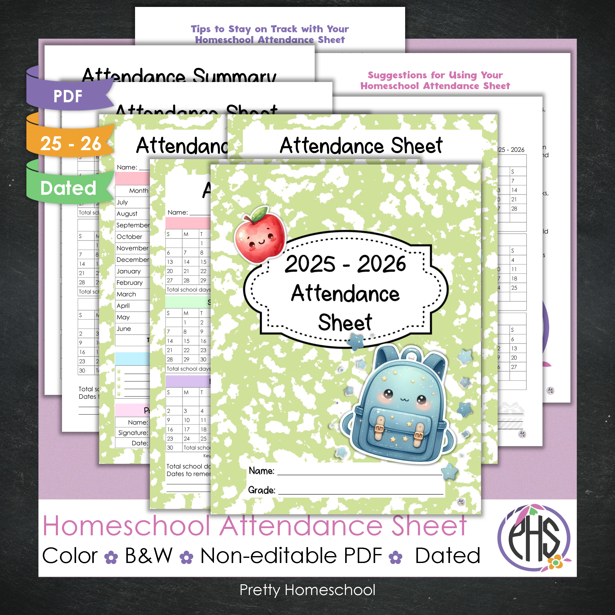 Homeschool Attendance Sheet 2025–2026 - Printable Tracker + Yearly Summary (Color & Black & White) - Green Composition