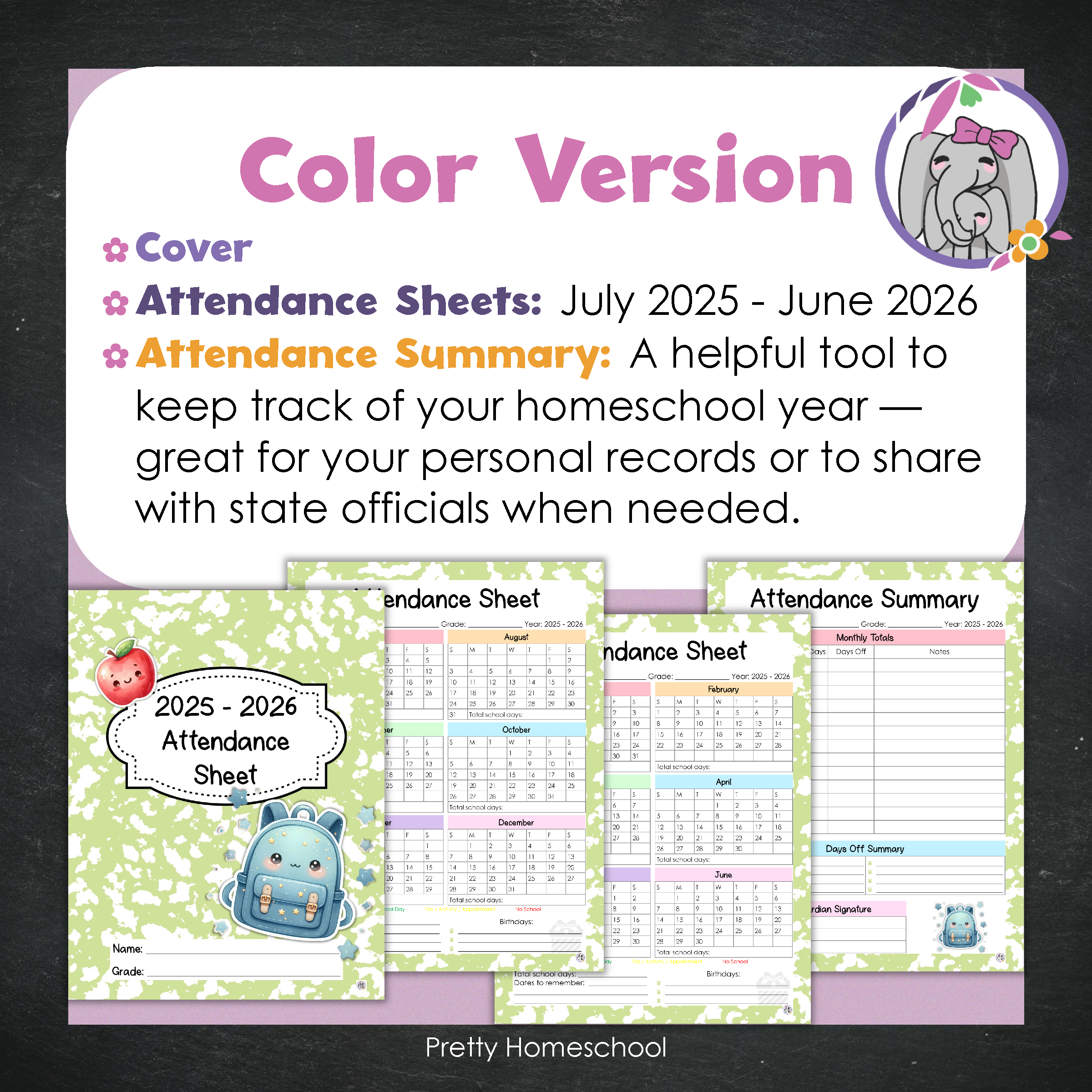 Homeschool Attendance Sheet 2025–2026 - Printable Tracker + Yearly Summary (Color & Black & White) - Green Composition