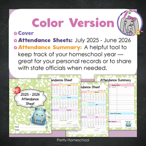 Homeschool Attendance Sheet 2025–2026 - Printable Tracker + Yearly Summary (Color & Black & White) - Green Composition