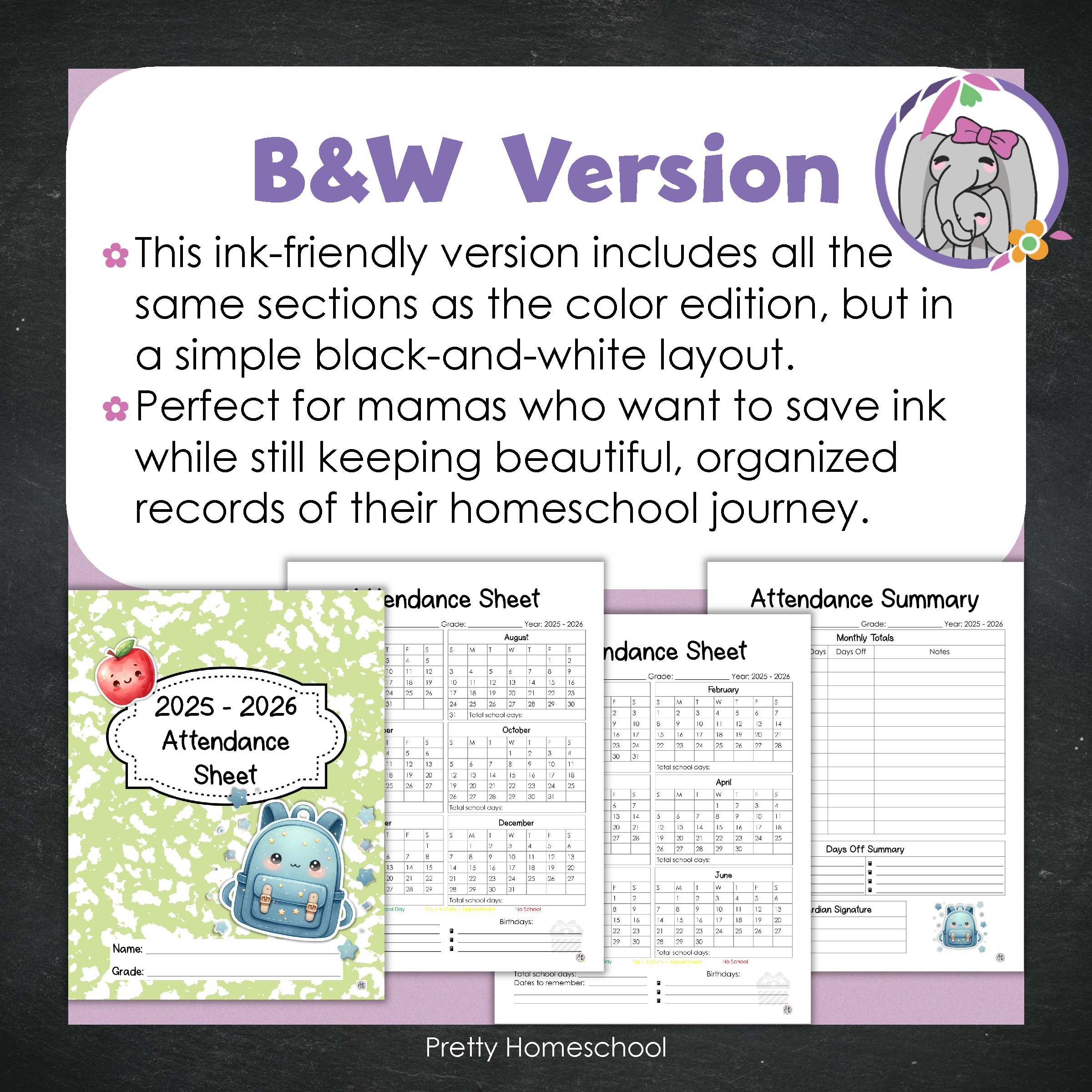 Homeschool Attendance Sheet 2025–2026 - Printable Tracker + Yearly Summary (Color & Black & White) - Green Composition