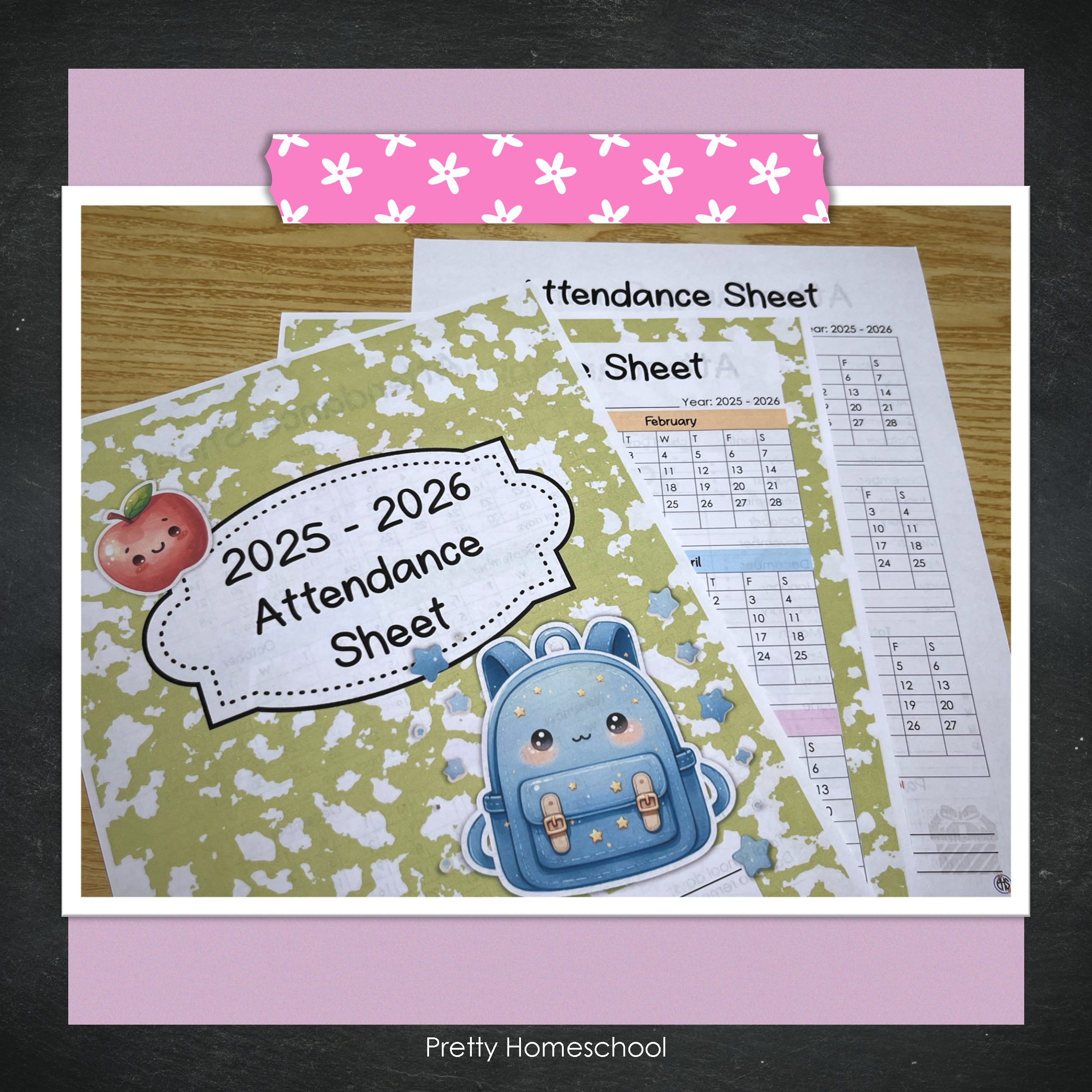 Homeschool Attendance Sheet 2025–2026 - Printable Tracker + Yearly Summary (Color & Black & White) - Green Composition