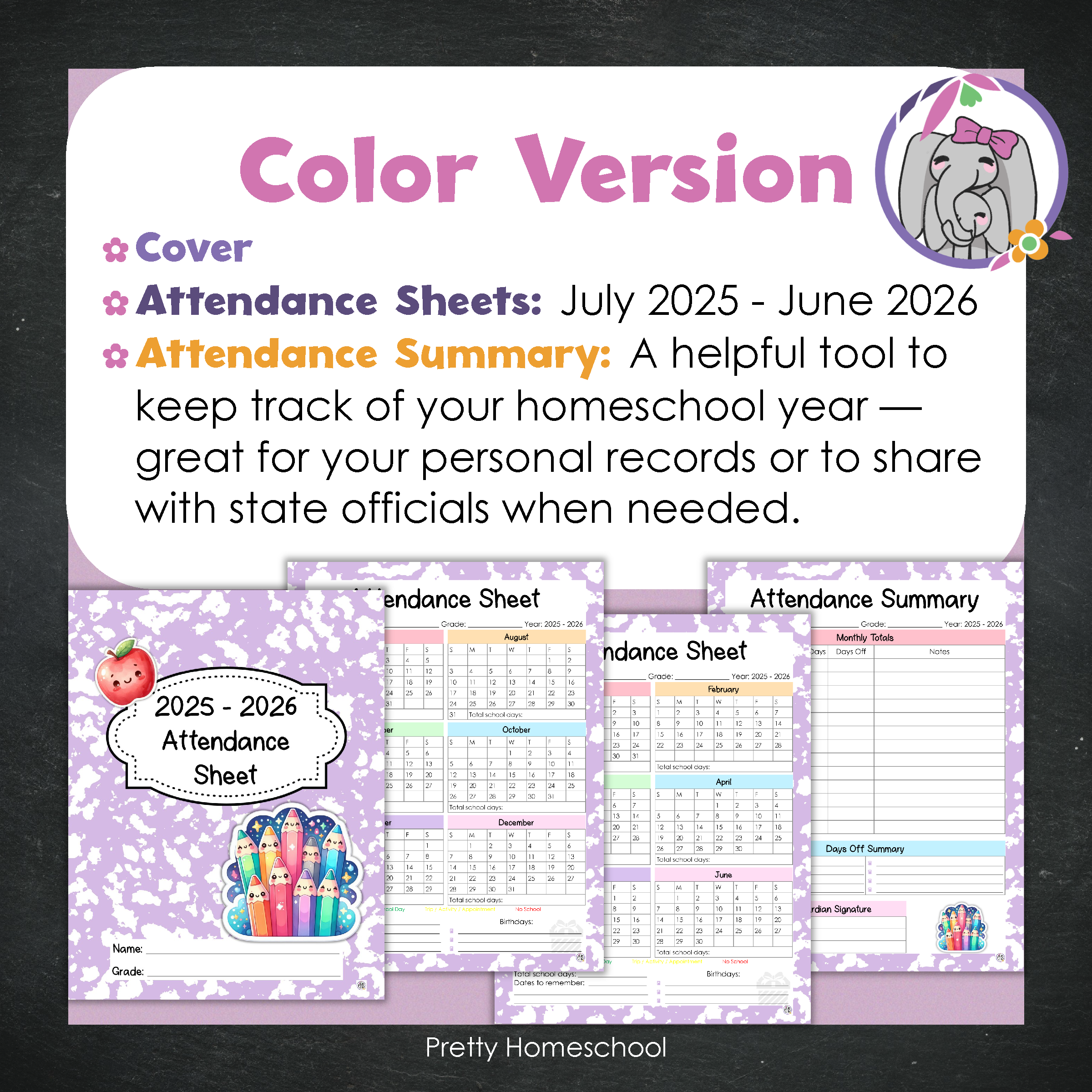 Homeschool Attendance Sheet 2025–2026 - Printable Tracker + Yearly Summary (Color & Black & White) - Lilac Composition