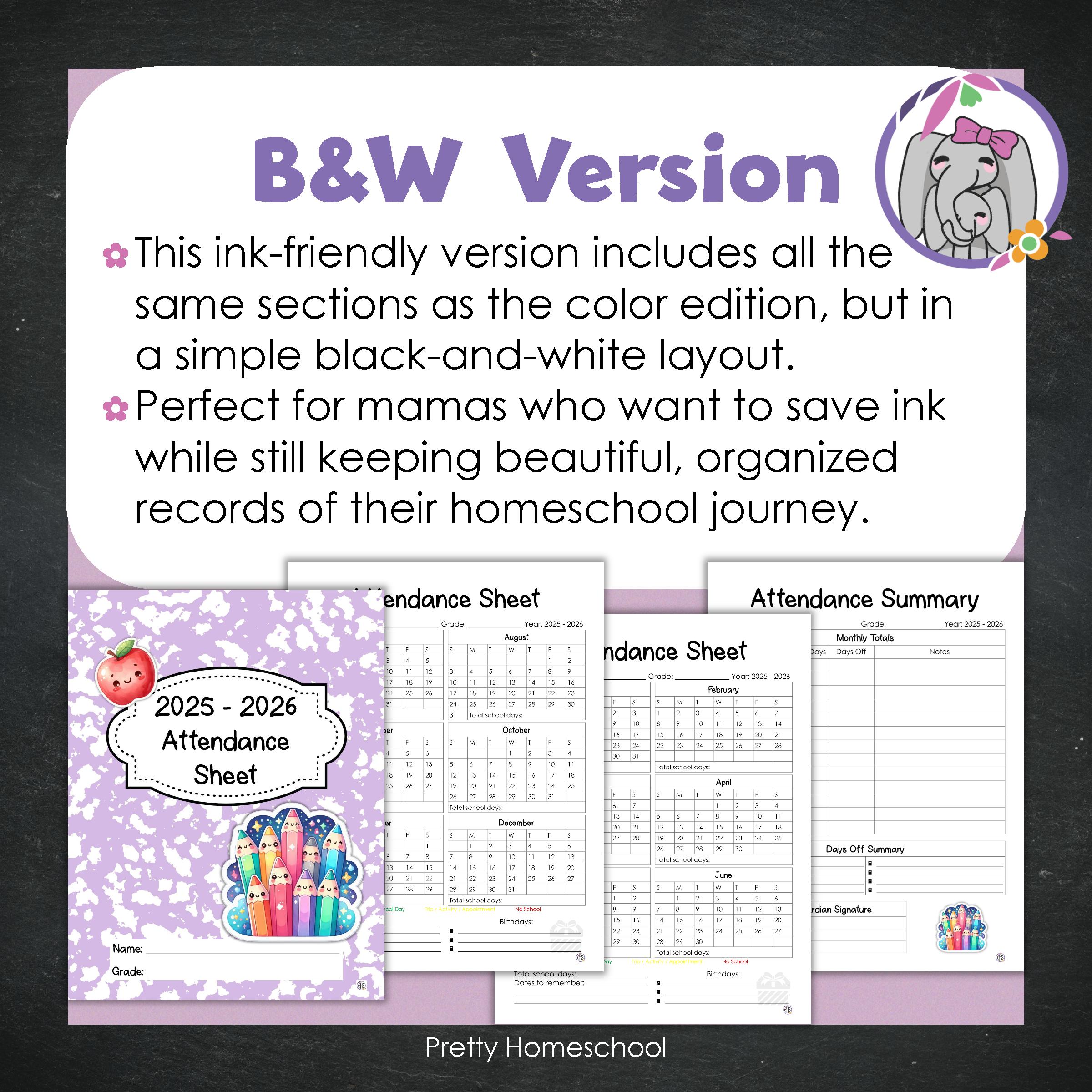 Homeschool Attendance Sheet 2025–2026 - Printable Tracker + Yearly Summary (Color & Black & White) - Lilac Composition