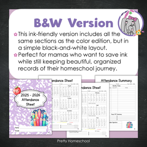 Homeschool Attendance Sheet 2025–2026 - Printable Tracker + Yearly Summary (Color & Black & White) - Lilac Composition