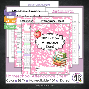 Homeschool Attendance Sheet 2025–2026 - Printable Tracker + Yearly Summary (Color & Black & White) - Pink Composition