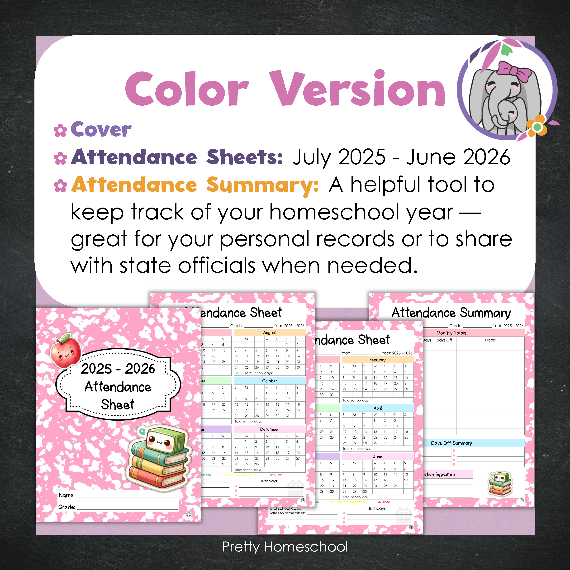 Homeschool Attendance Sheet 2025–2026 - Printable Tracker + Yearly Summary (Color & Black & White) - Pink Composition