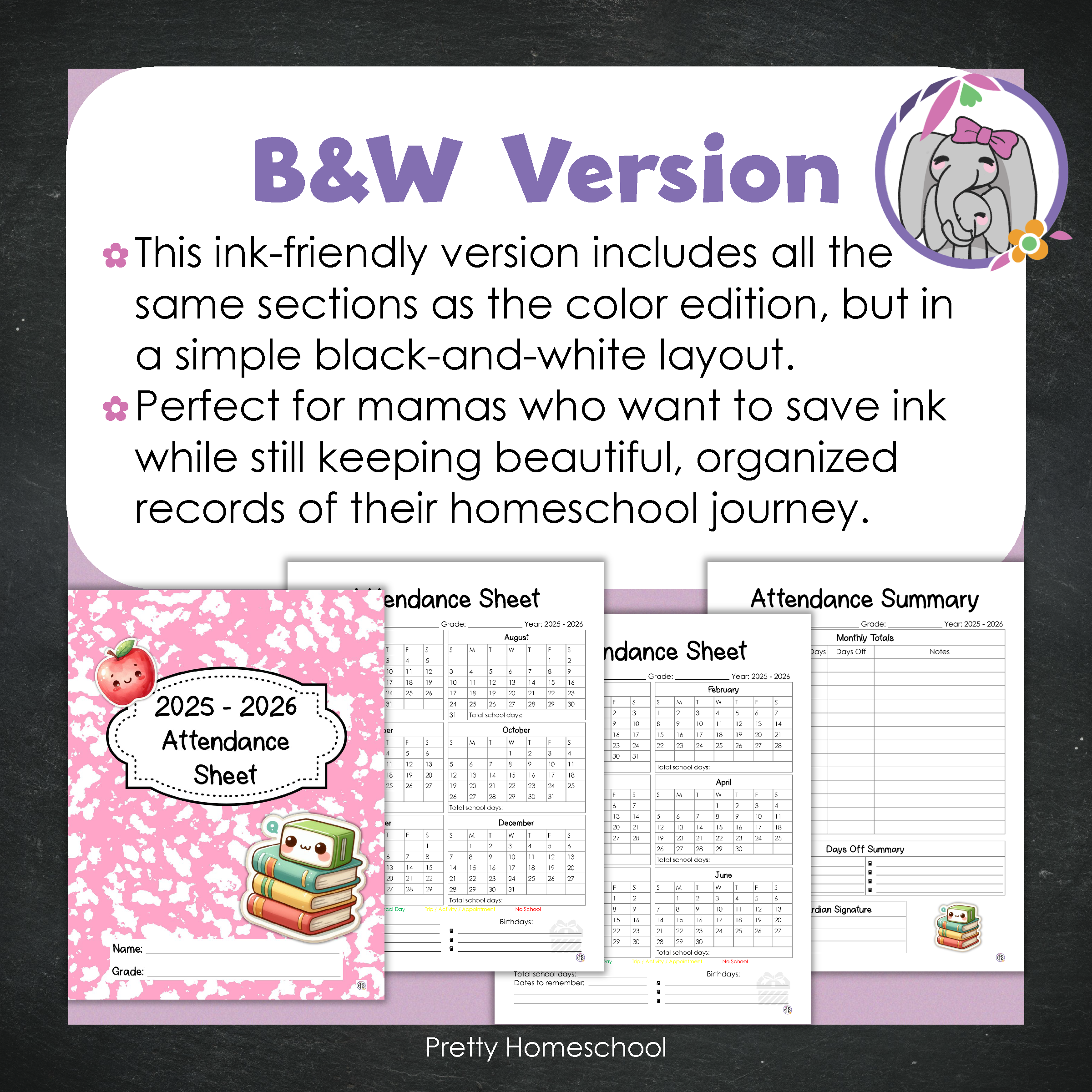 Homeschool Attendance Sheet 2025–2026 - Printable Tracker + Yearly Summary (Color & Black & White) - Pink Composition