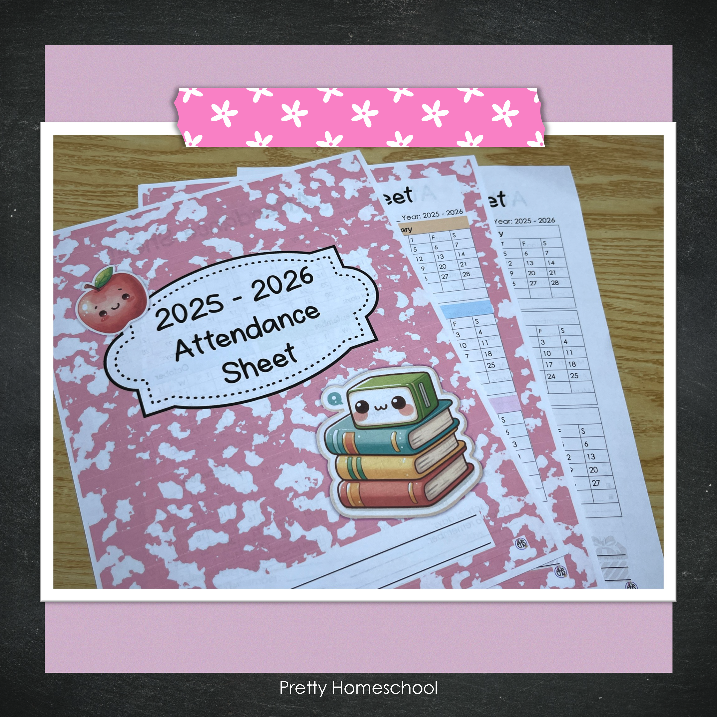 Homeschool Attendance Sheet 2025–2026 - Printable Tracker + Yearly Summary (Color & Black & White) - Pink Composition