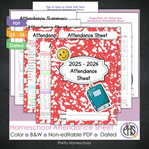 Homeschool Attendance Sheet 2025–2026 - Printable Tracker + Yearly Summary (Color & Black & White) -  Red Composition