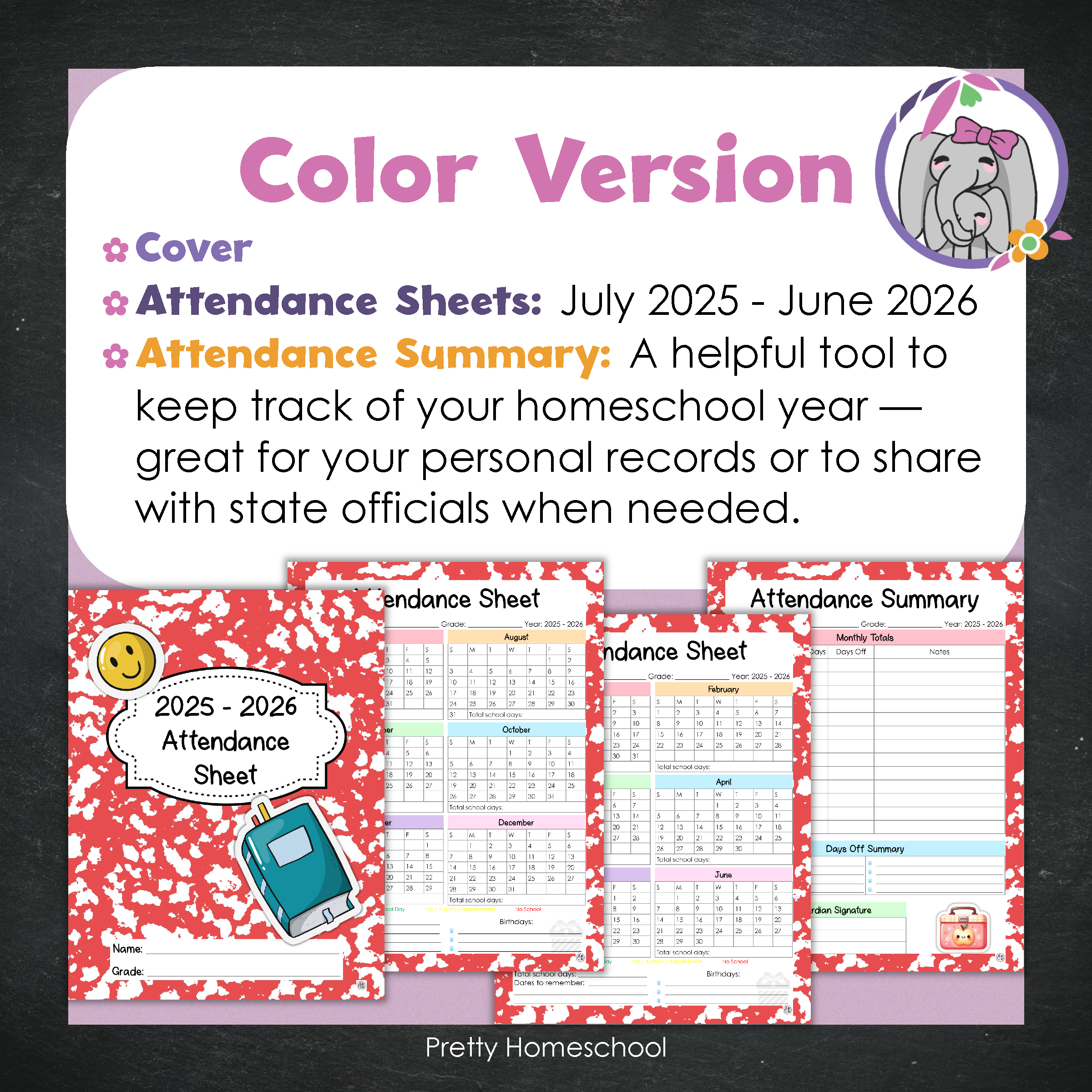 Homeschool Attendance Sheet 2025–2026 - Printable Tracker + Yearly Summary (Color & Black & White) -  Red Composition