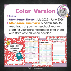 Homeschool Attendance Sheet 2025–2026 - Printable Tracker + Yearly Summary (Color & Black & White) -  Red Composition