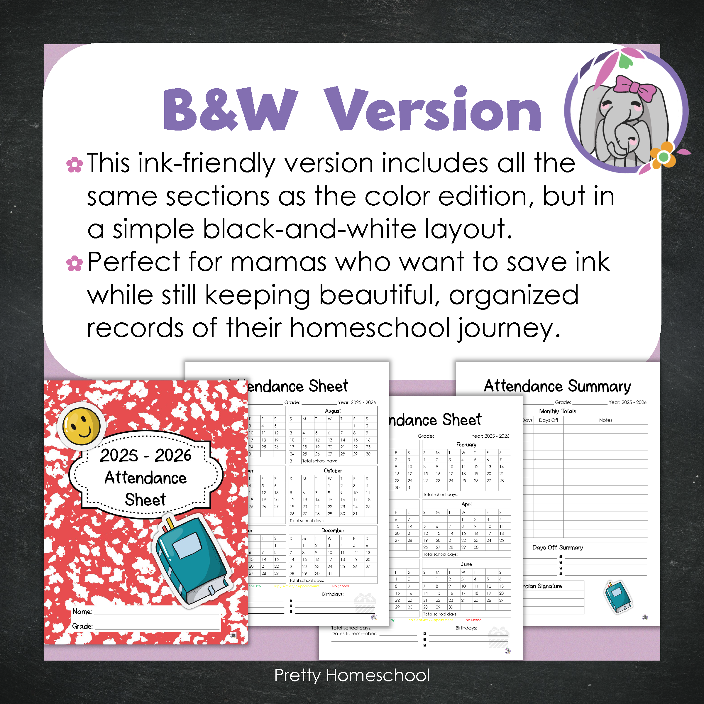 Homeschool Attendance Sheet 2025–2026 - Printable Tracker + Yearly Summary (Color & Black & White) -  Red Composition