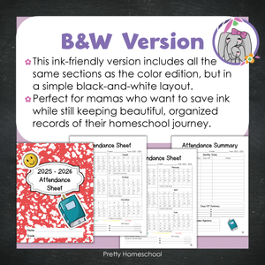 Homeschool Attendance Sheet 2025–2026 - Printable Tracker + Yearly Summary (Color & Black & White) -  Red Composition