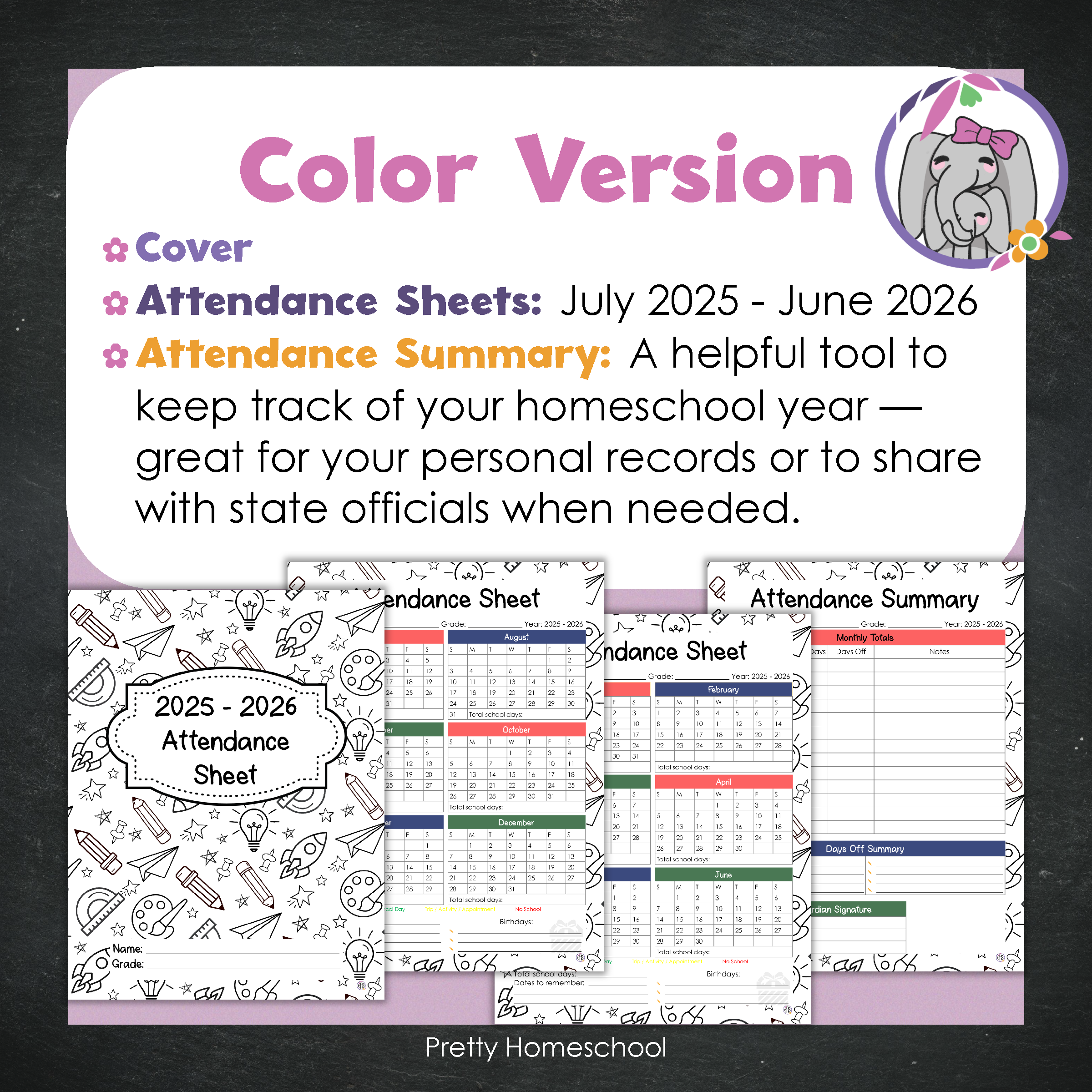 Homeschool Attendance Sheet 2025–2026 - Printable Tracker + Yearly Summary (Color & Black & White) -  School Pattern