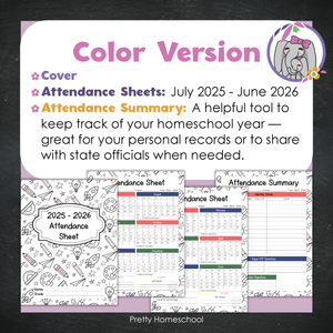 Homeschool Attendance Sheet 2025–2026 - Printable Tracker + Yearly Summary (Color & Black & White) -  School Pattern