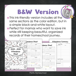 Homeschool Attendance Sheet 2025–2026 - Printable Tracker + Yearly Summary (Color & Black & White) -  School Pattern