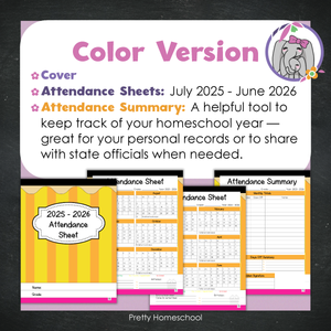 Homeschool Attendance Sheet 2025–2026 - Printable Tracker + Yearly Summary (Color & Black & White) -  Yellow Pencil