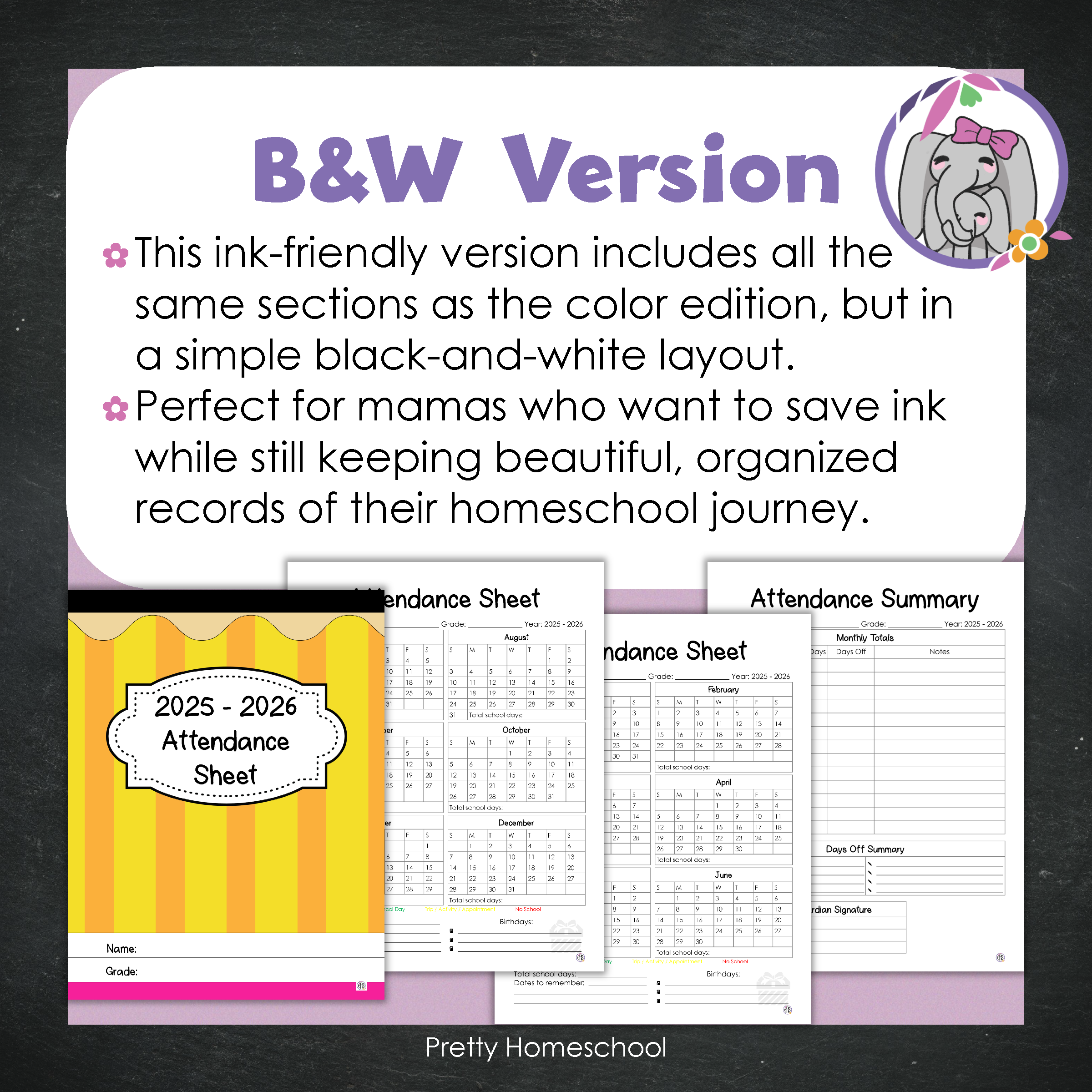 Homeschool Attendance Sheet 2025–2026 - Printable Tracker + Yearly Summary (Color & Black & White) -  Yellow Pencil