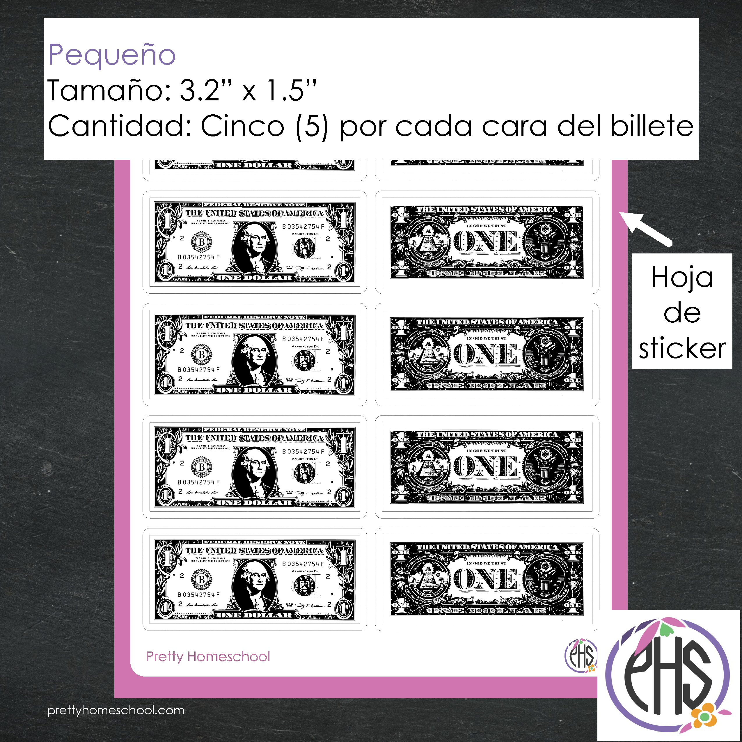 Stickers billetes de un dolar $1 / Blanco y negro