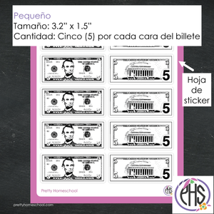 Stickers billetes de cinco dolare $5 / Blanco y negro