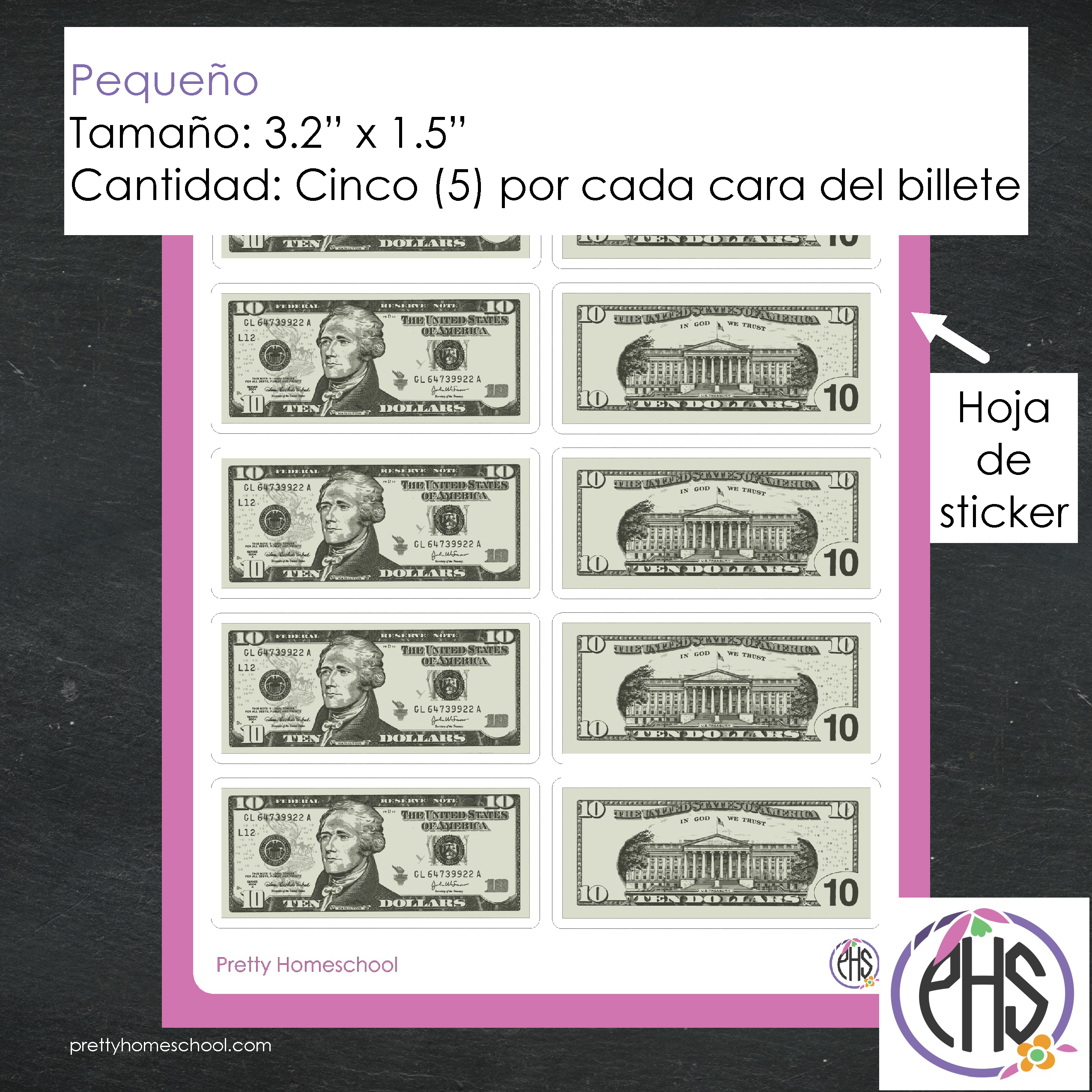 Stickers billetes de diez dolares $10