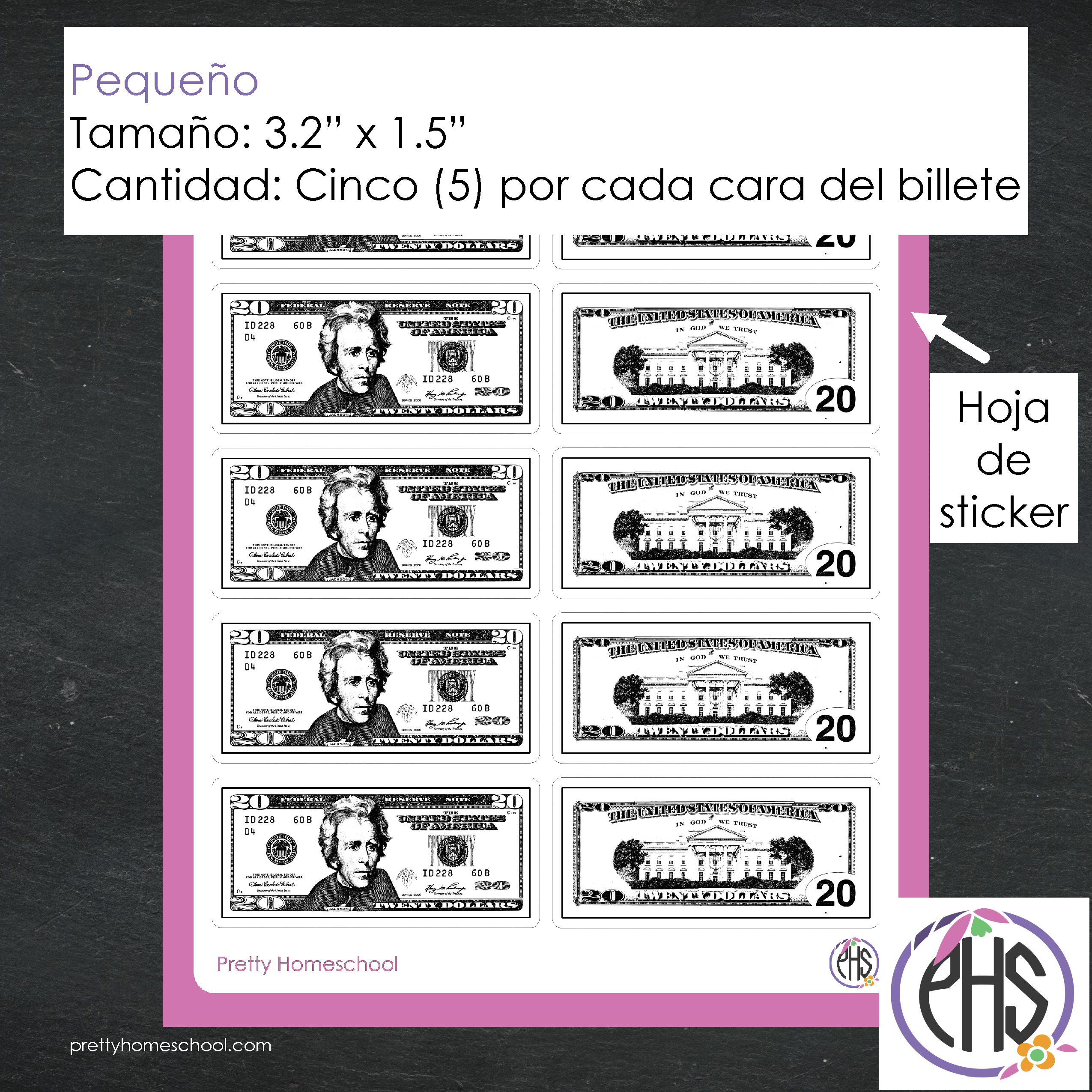 Stickers billetes de veinte dolares $20 / Blanco y negro