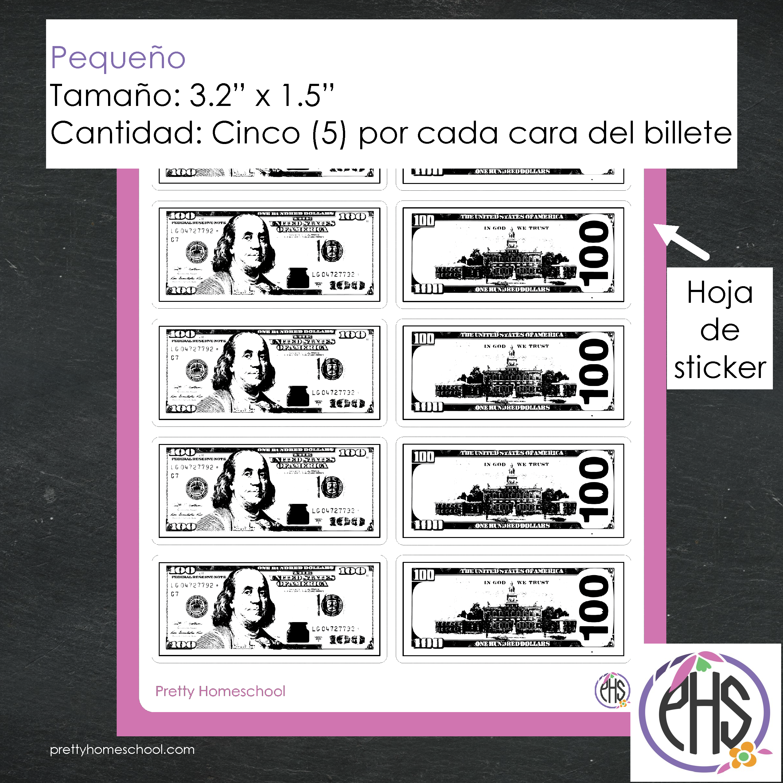 Stickers billetes de cien dolares $100 / Blanco y negro